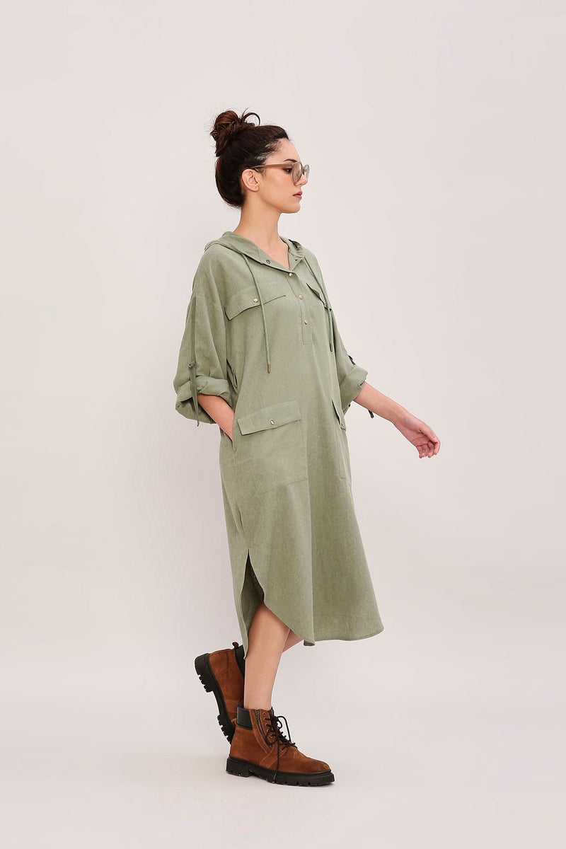 Green Safari Pocket Hooded Dress cotton by Mati in green color for women in Singapore