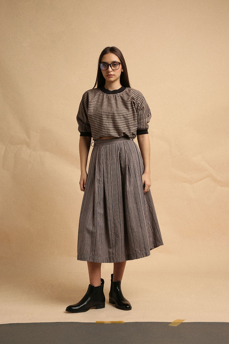 Grey Thin Striped New Sphara Crop Top & Skirt Co-Ord Set (2 PCS) 100% cotton by Mati in grey color for women in Singapore