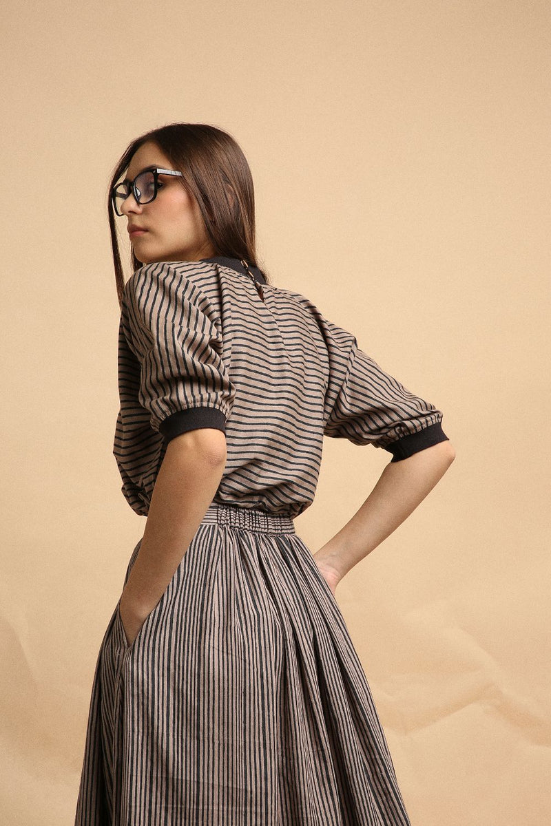 Grey Thin Striped New Sphara Crop Top & Skirt Co-Ord Set (2 PCS) 100% cotton by Mati in grey color for women in Singapore