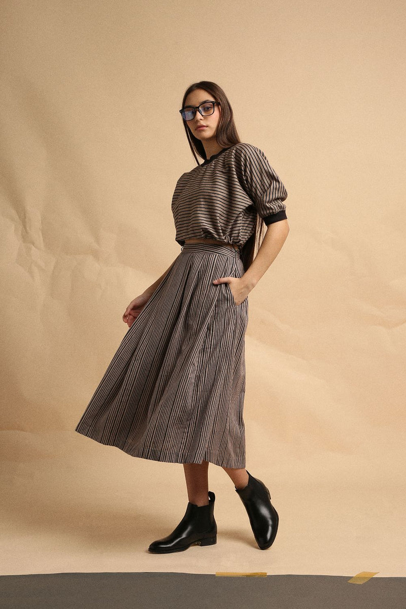 Grey Thin Striped New Sphara Crop Top & Skirt Co-Ord Set (2 PCS) 100% cotton by Mati in grey color for women in Singapore