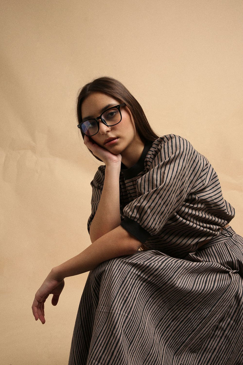 Grey Thin Striped New Sphara Crop Top & Skirt Co-Ord Set (2 PCS) 100% cotton by Mati in grey color for women in Singapore