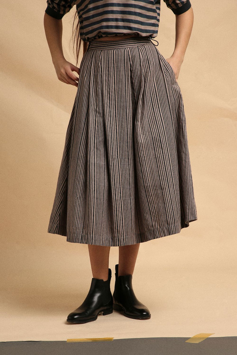 Grey with Narrow Charcoal Striped Box Pleated Skirt 100% cotton by Mati in grey color for women in Singapore