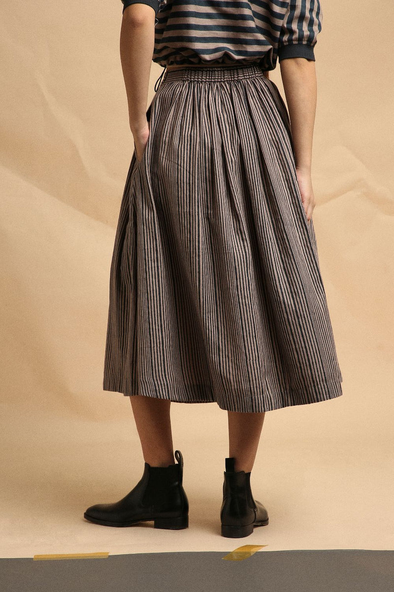 Grey with Narrow Charcoal Striped Box Pleated Skirt 100% cotton by Mati in grey color for women in Singapore