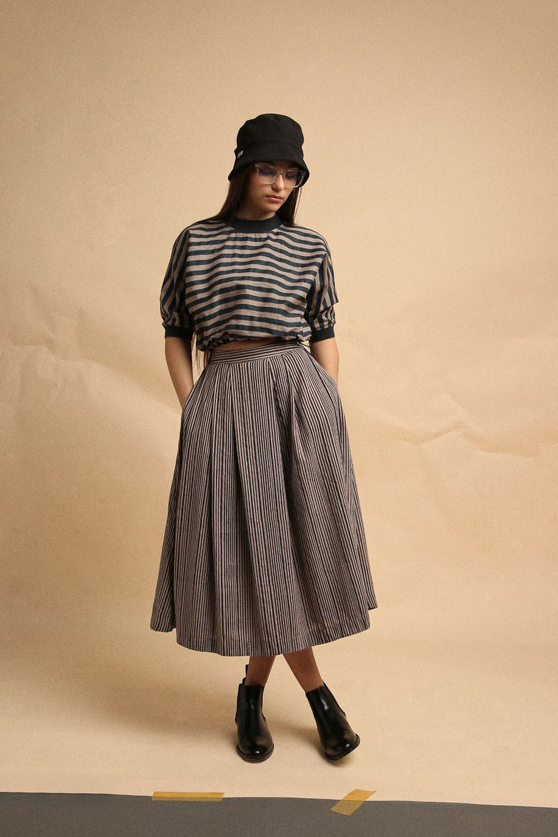 Grey with Narrow Charcoal Striped Box Pleated Skirt 100% cotton by Mati in grey color for women in Singapore