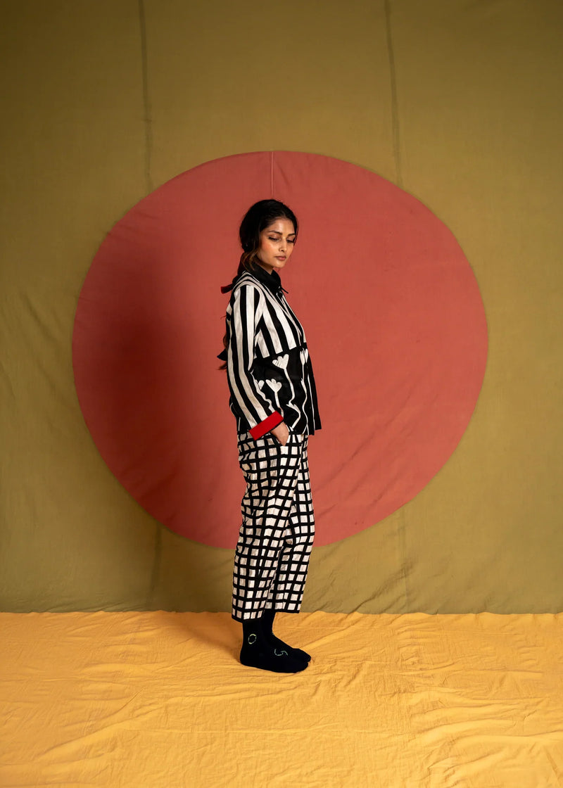 Grid Pants-White and Black chanderi pant/trouser by Ka-Sha in black for women in Singapore
