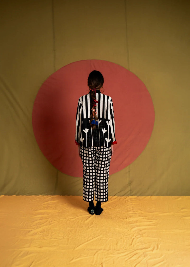 Grid Pants-White and Black chanderi pant/trouser by Ka-Sha in black for women in Singapore