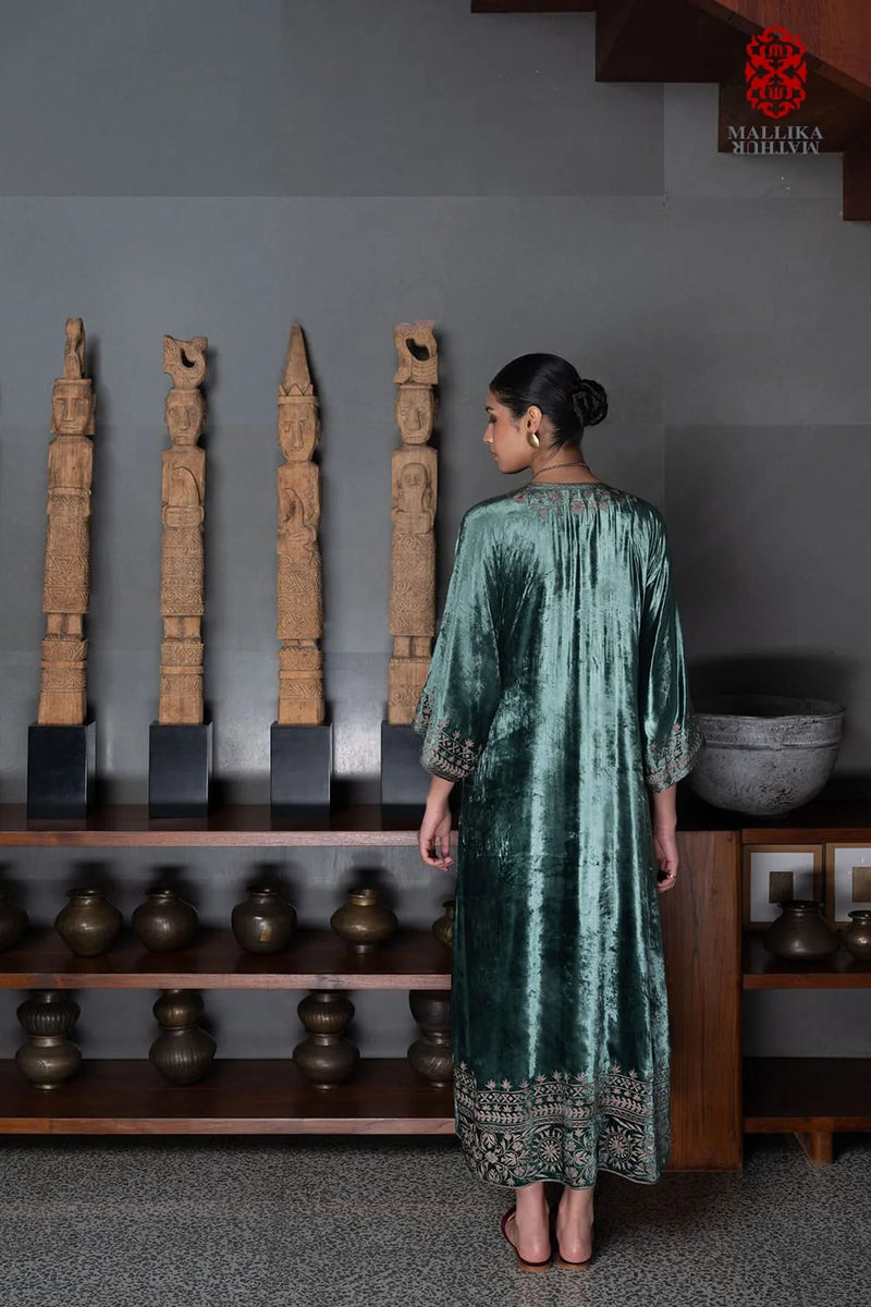 ‘Gul Mehar’ aquamarine silk velvet overlay moroccan floral bel embroidery silk velvet kurta/kurta set by Malika Mathur in light blue for women in Singapore