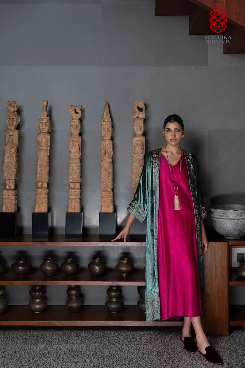 ‘Gul Mehar’ aquamarine silk velvet overlay moroccan floral bel embroidery silk velvet kurta/kurta set by Malika Mathur in light blue for women in Singapore