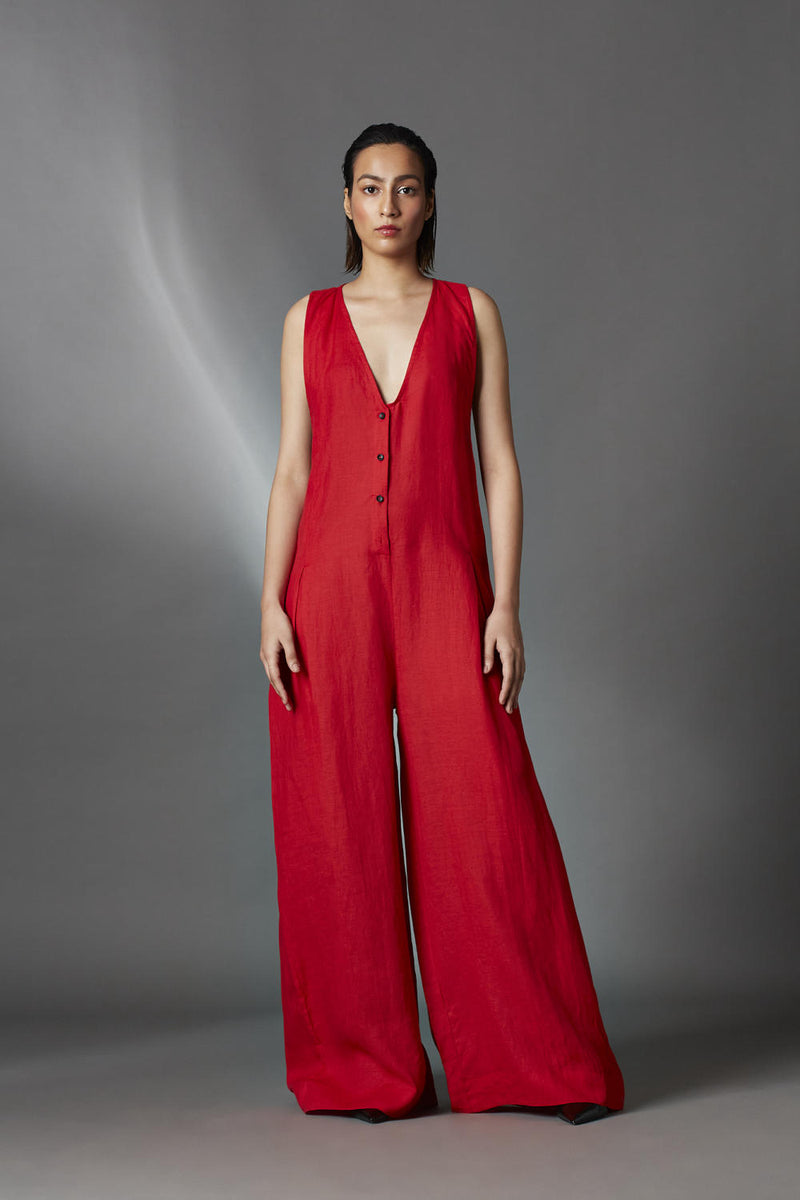 Juniper Jumpsuit-Red linen by Chola in red color for women in Singapore