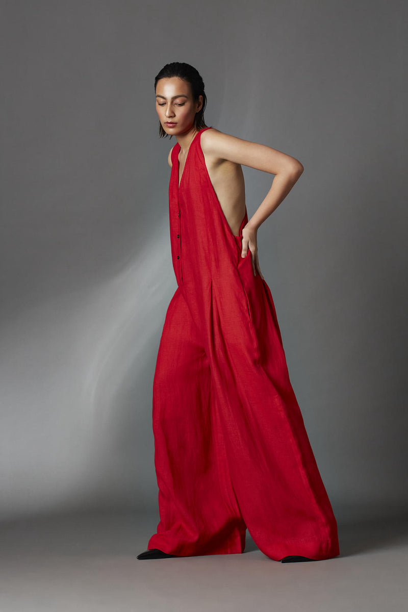 Juniper Jumpsuit-Red linen by Chola in red color for women in Singapore