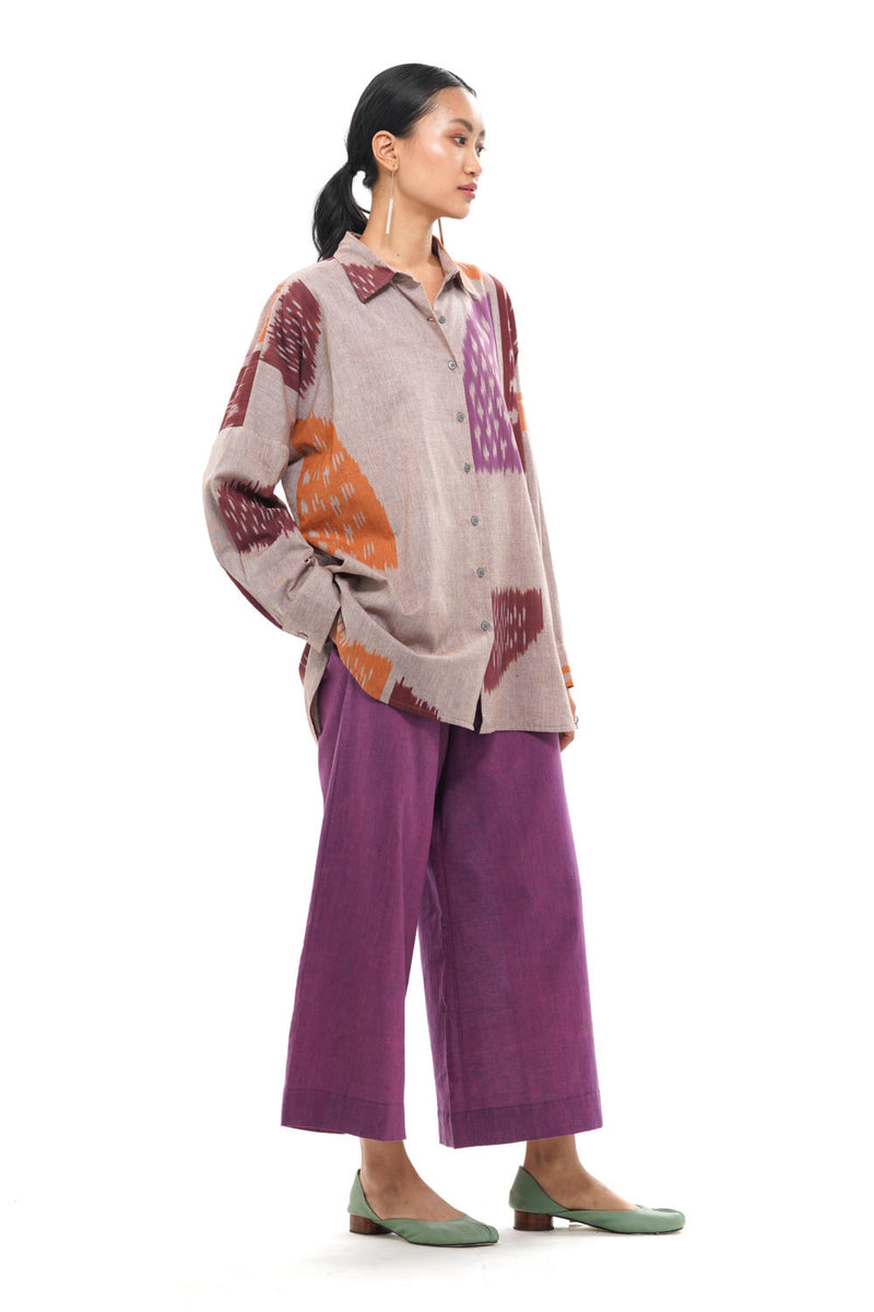 HANA RELAXED SHIRT 100% cotton by Translate - Handwoven Ikat in beige color for women in Singapore