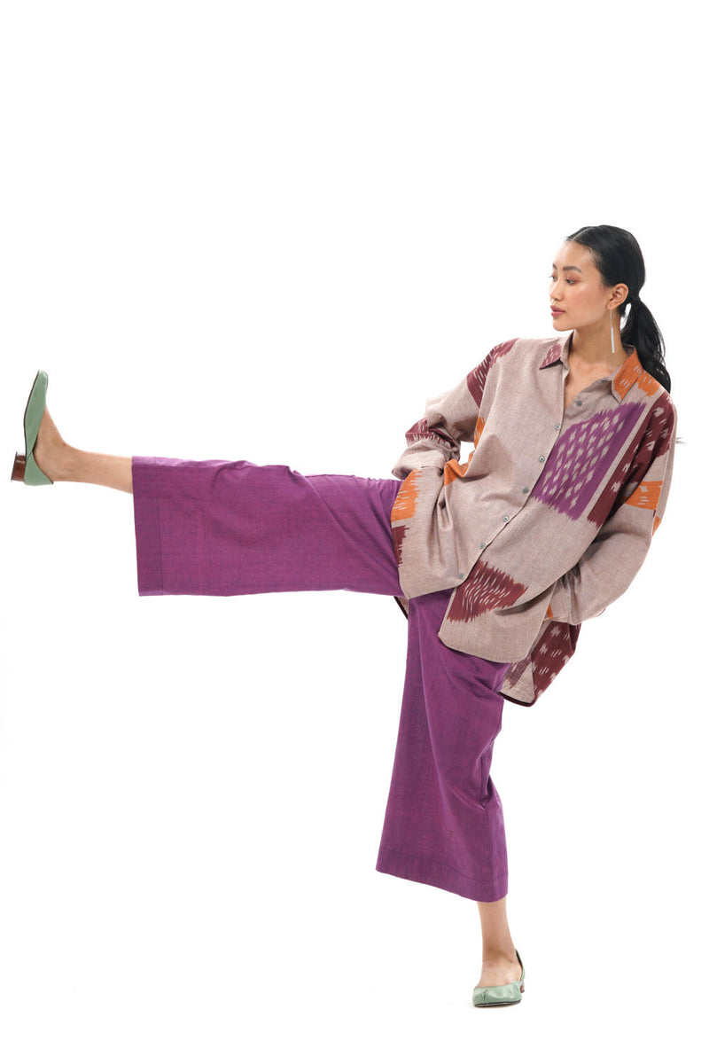 HANA RELAXED SHIRT 100% cotton by Translate - Handwoven Ikat in beige color for women in Singapore