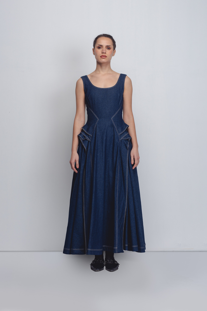 Hani Dress - Denim Blue cotton Buy Hani Dress - Denim Blue from C&W | Dresses for Women by Leh Studios in blue color for women in Singapore