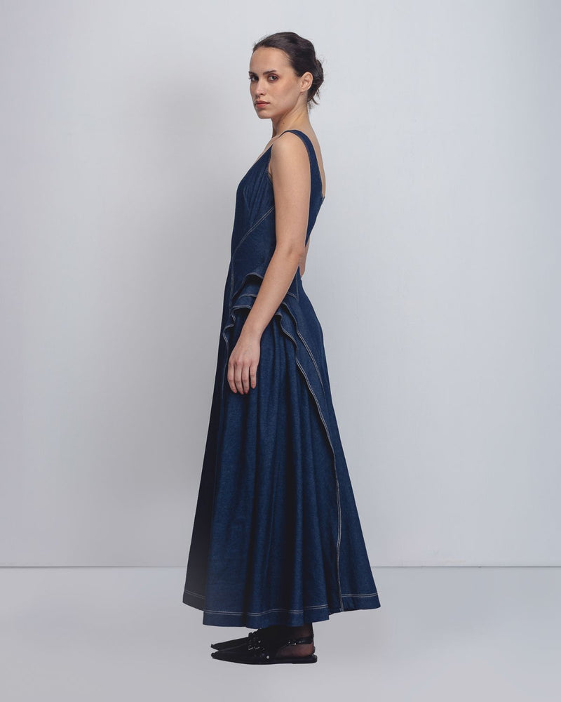 Hani Dress - Denim Blue cotton Buy Hani Dress - Denim Blue from C&W | Dresses for Women by Leh Studios in blue color for women in Singapore