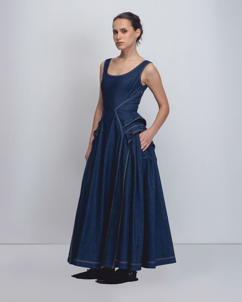 Hani Dress - Denim Blue cotton Buy Hani Dress - Denim Blue from C&W | Dresses for Women by Leh Studios in blue color for women in Singapore