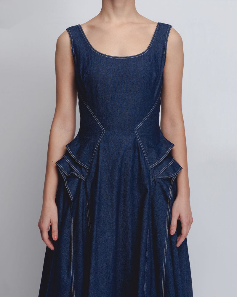 Hani Dress - Denim Blue cotton Buy Hani Dress - Denim Blue from C&W | Dresses for Women by Leh Studios in blue color for women in Singapore