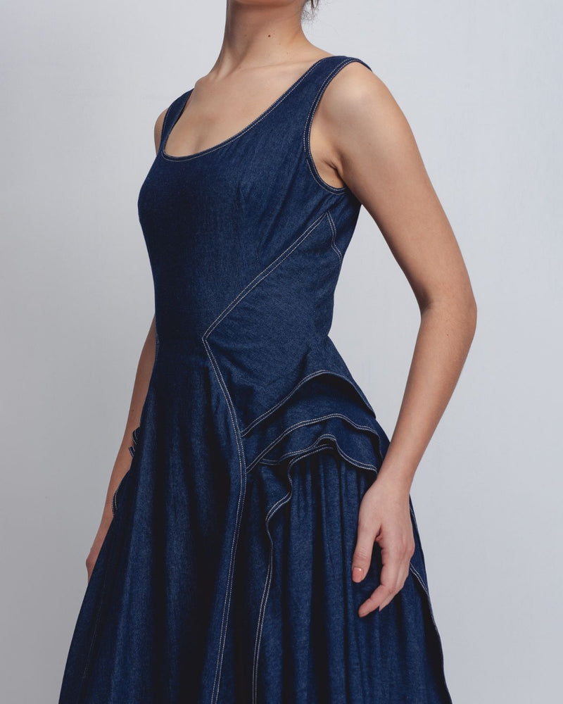 Hani Dress - Denim Blue cotton Buy Hani Dress - Denim Blue from C&W | Dresses for Women by Leh Studios in blue color for women in Singapore