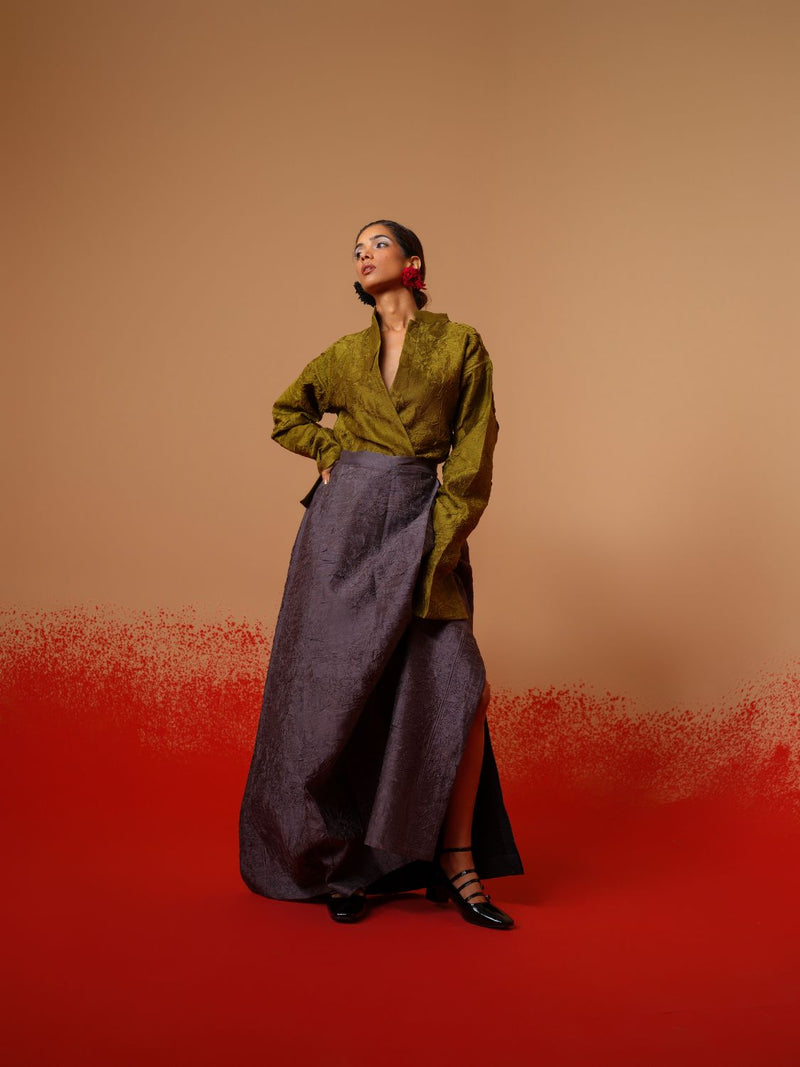 Haze Shirt-Moss Green mysore silk tops and shirts by Stoique in moss green for women in Singapore