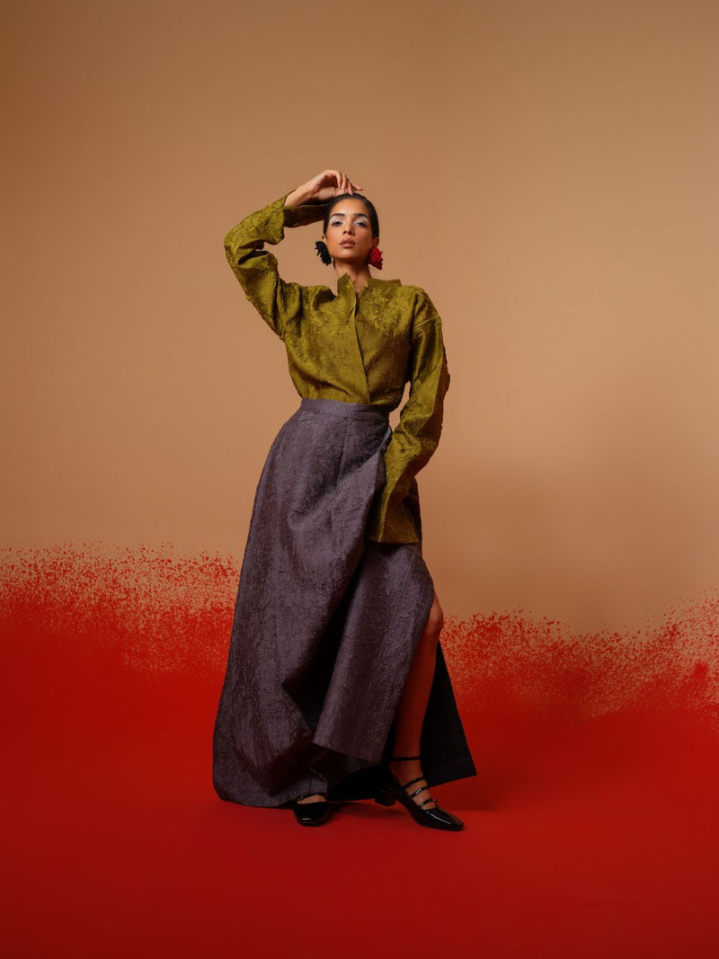 Haze Shirt-Moss Green mysore silk tops and shirts by Stoique in moss green for women in Singapore