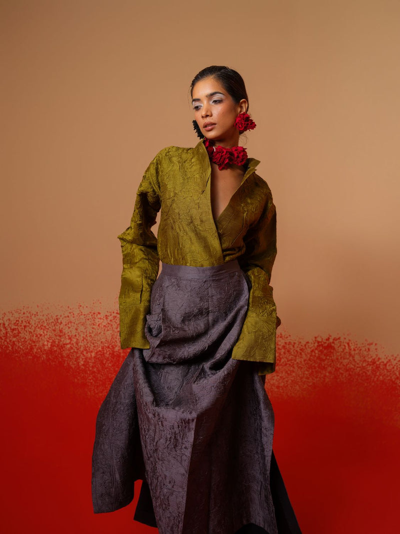 Haze Shirt-Moss Green mysore silk tops and shirts by Stoique in moss green for women in Singapore