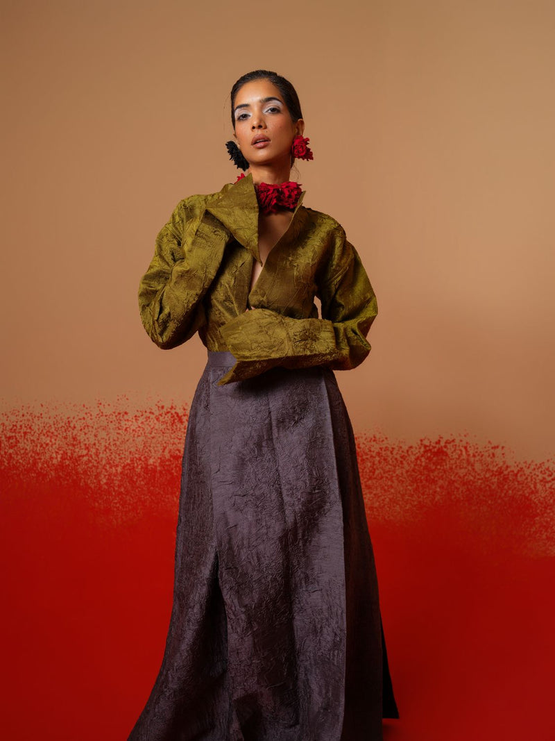 Haze Shirt-Moss Green mysore silk tops and shirts by Stoique in moss green for women in Singapore