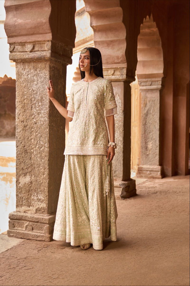 HEER - MINT GREEN SHORT KURTA WITH SHARARA AND DUPATTA silk organza kurta/kurta set by SHEETAL BATRA in mint green for women in Singapore