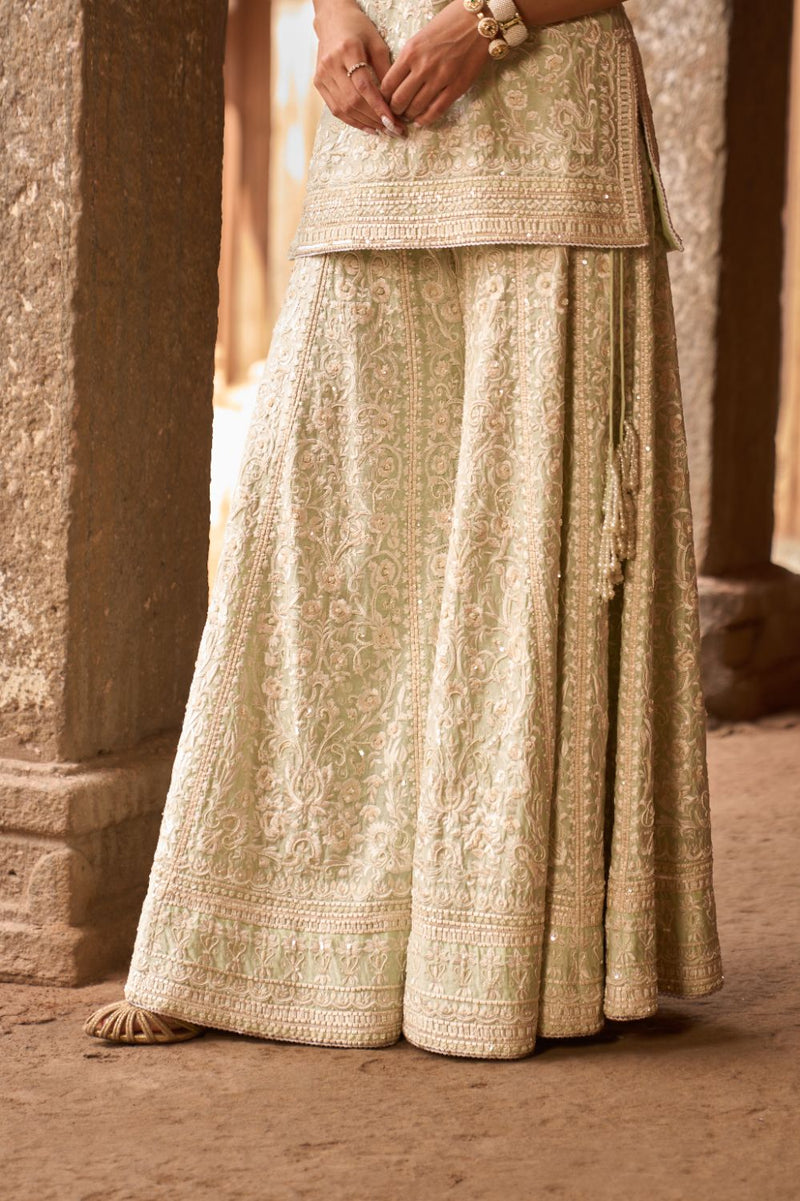 HEER - MINT GREEN SHORT KURTA WITH SHARARA AND DUPATTA silk organza kurta/kurta set by SHEETAL BATRA in mint green for women in Singapore