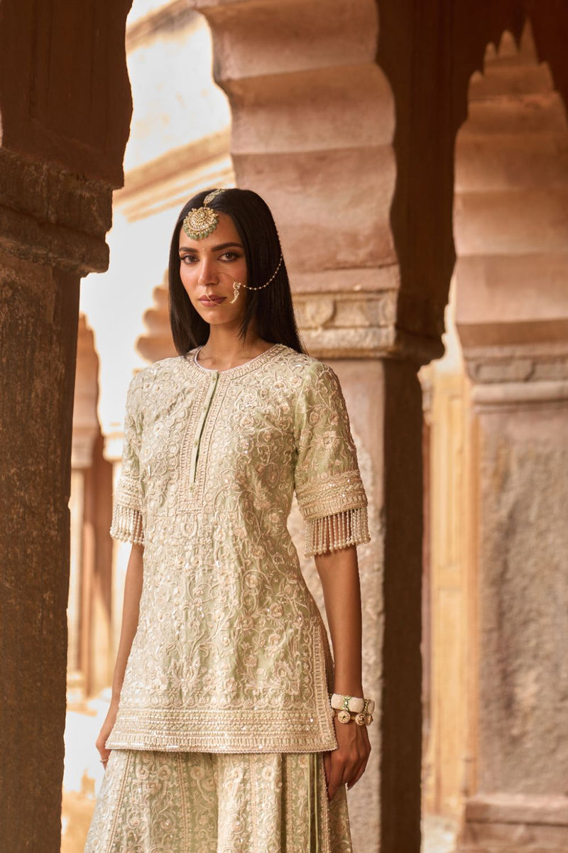 HEER - MINT GREEN SHORT KURTA WITH SHARARA AND DUPATTA silk organza kurta/kurta set by SHEETAL BATRA in mint green for women in Singapore