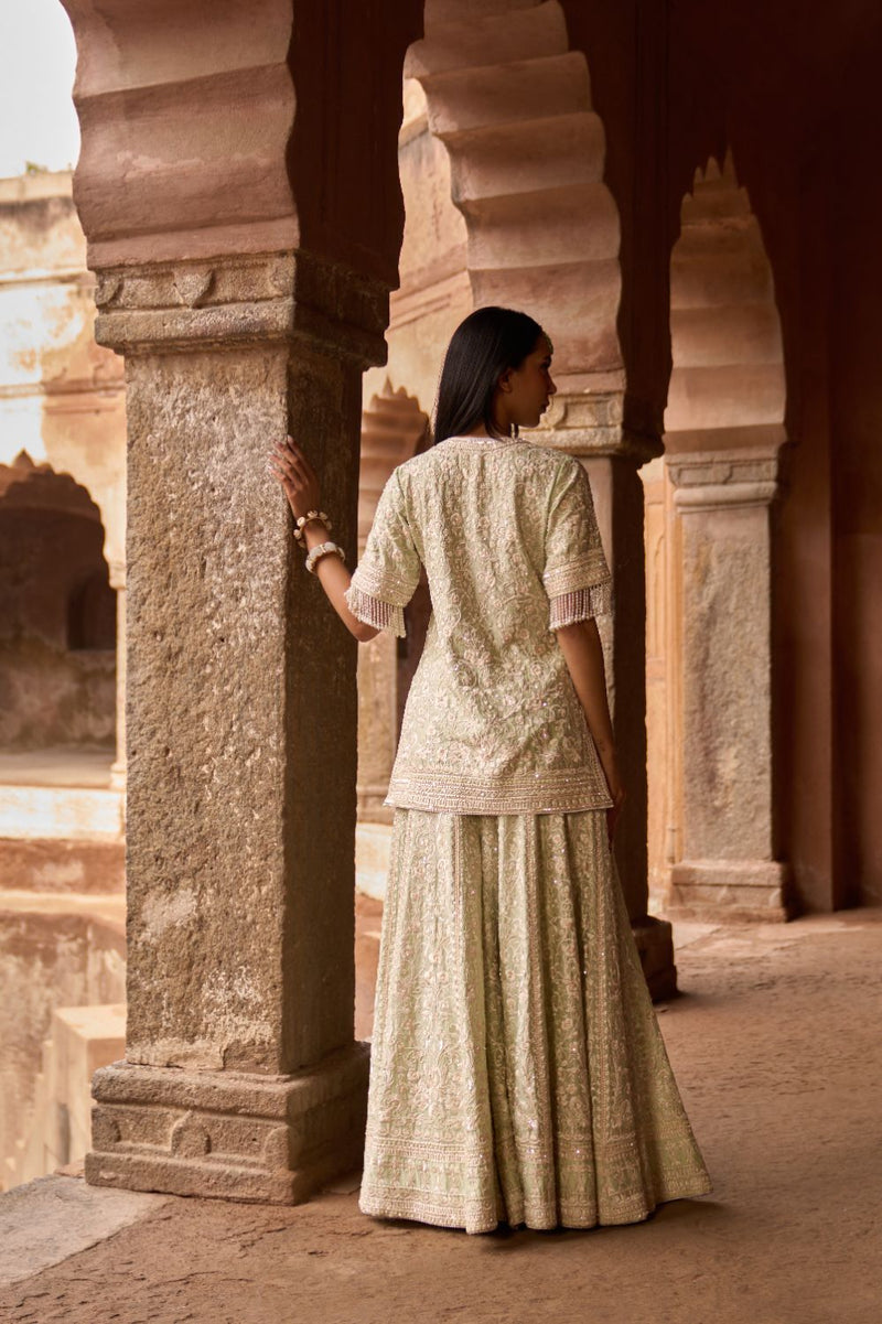 HEER - MINT GREEN SHORT KURTA WITH SHARARA AND DUPATTA silk organza kurta/kurta set by SHEETAL BATRA in mint green for women in Singapore