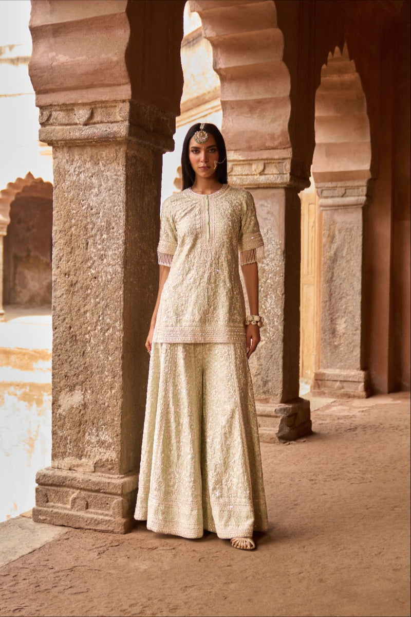 HEER - MINT GREEN SHORT KURTA WITH SHARARA AND DUPATTA silk organza kurta/kurta set by SHEETAL BATRA in mint green for women in Singapore