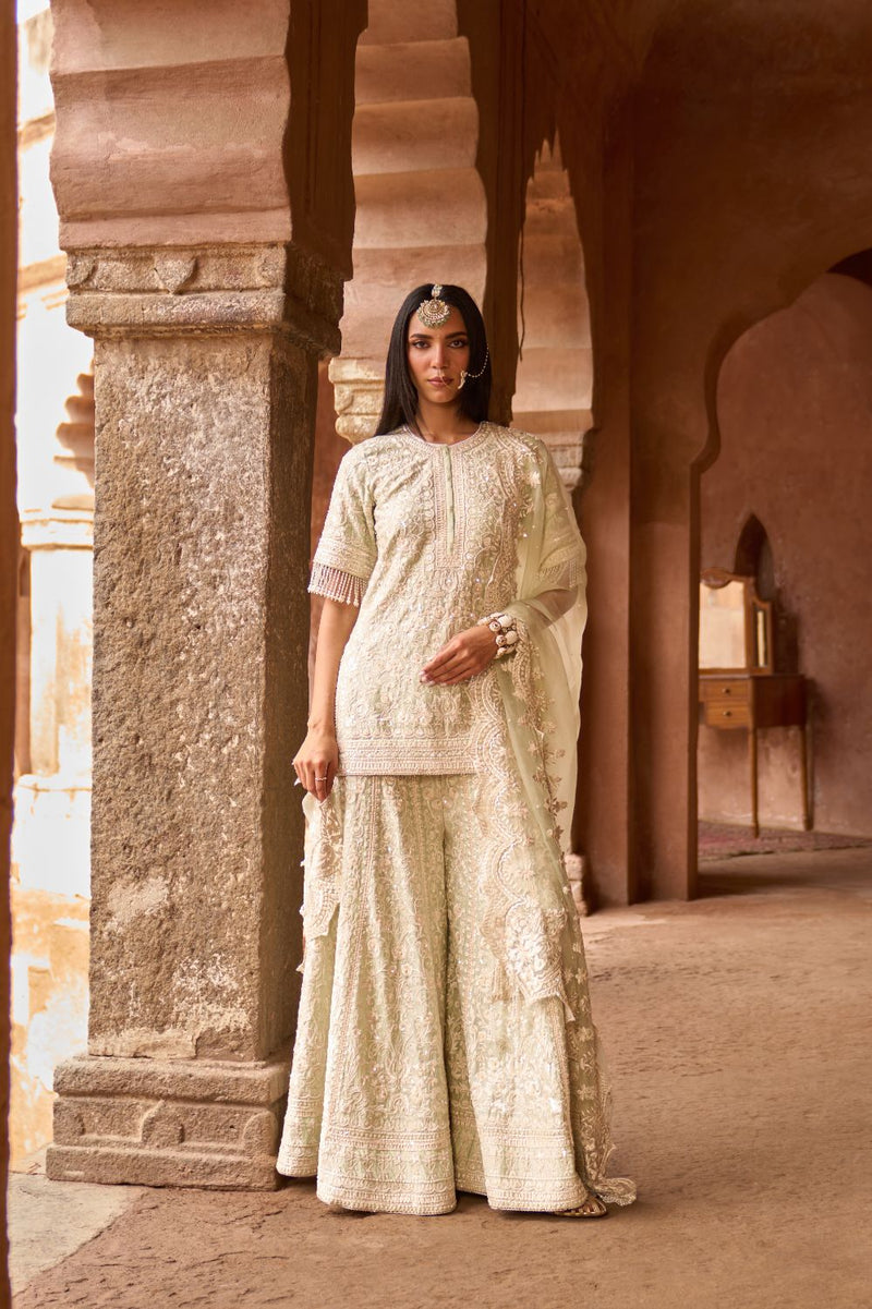 HEER - MINT GREEN SHORT KURTA WITH SHARARA AND DUPATTA silk organza kurta/kurta set by SHEETAL BATRA in mint green for women in Singapore