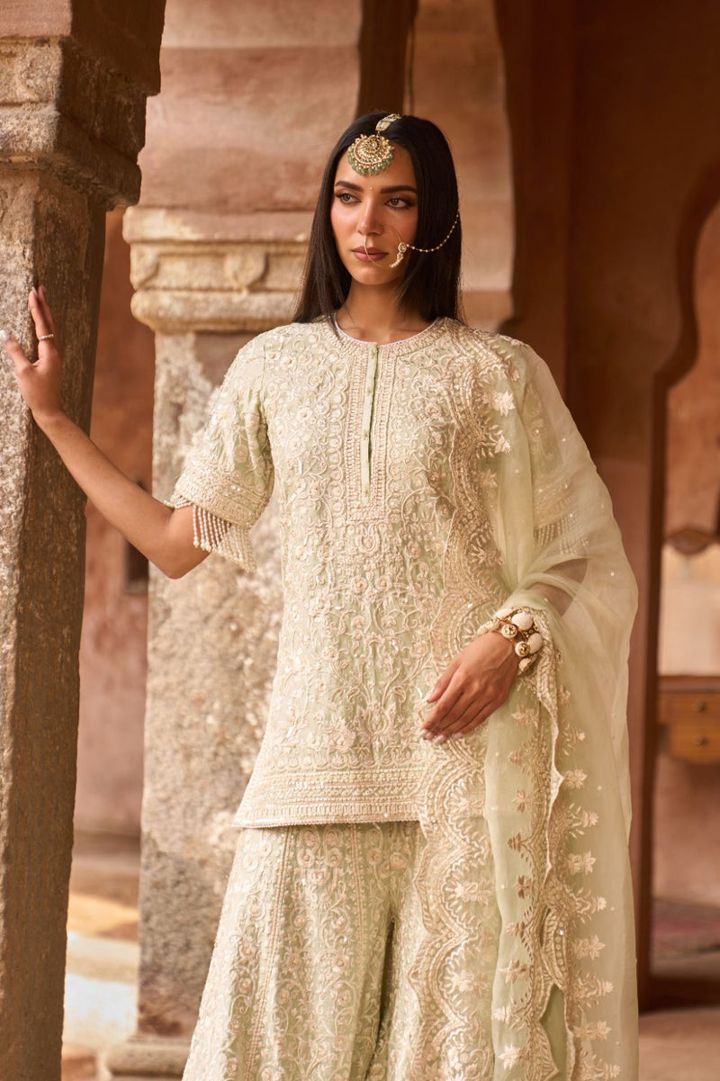 HEER - MINT GREEN SHORT KURTA WITH SHARARA AND DUPATTA silk organza kurta/kurta set by SHEETAL BATRA in mint green for women in Singapore