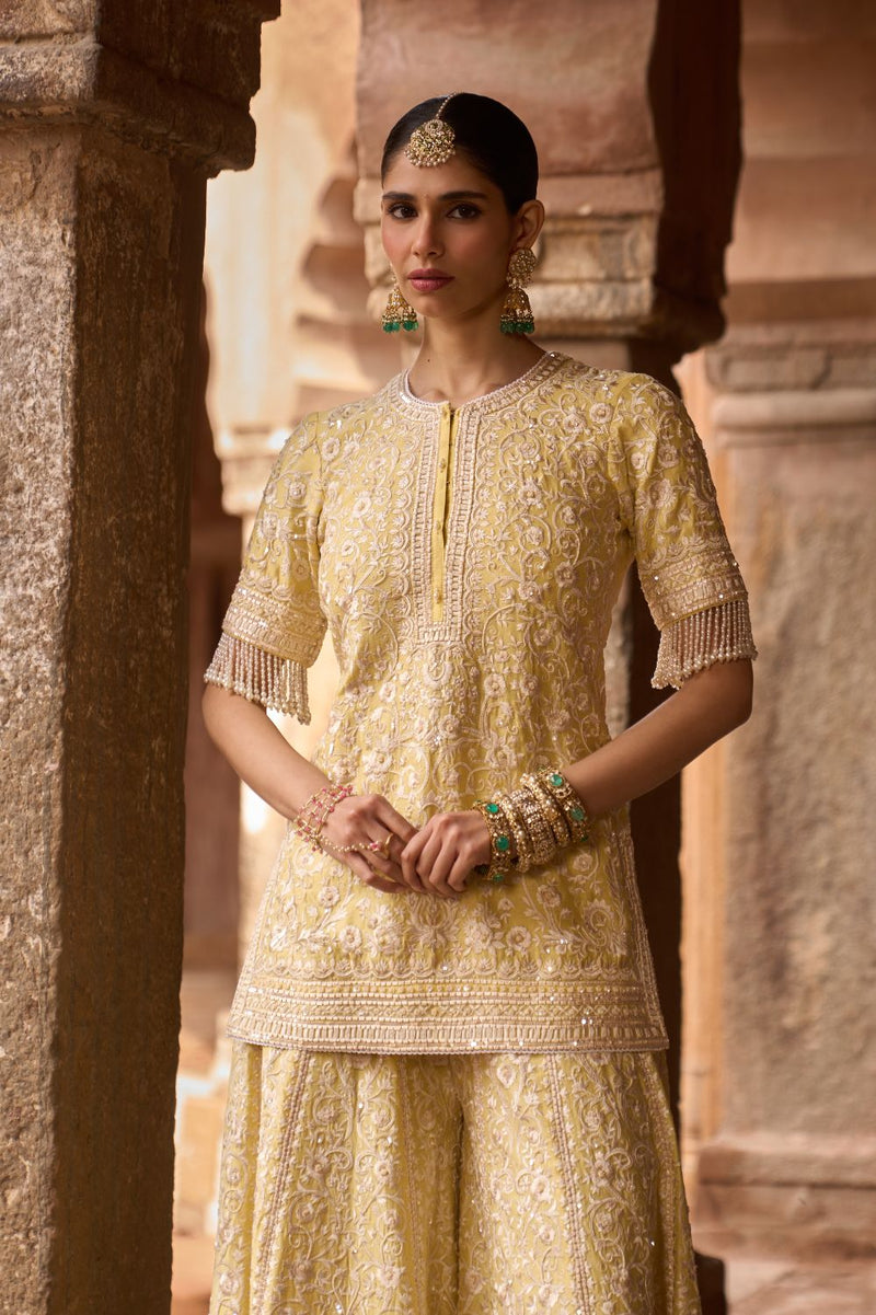 HEER - LEMON YELLOW SHORT KURTA WITH SHARARA AND DUPATTA silk organza kurta/kurta set by SHEETAL BATRA in lemon yellow for women in Singapore