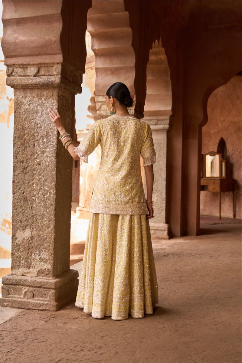 HEER - LEMON YELLOW SHORT KURTA WITH SHARARA AND DUPATTA silk organza kurta/kurta set by SHEETAL BATRA in lemon yellow for women in Singapore