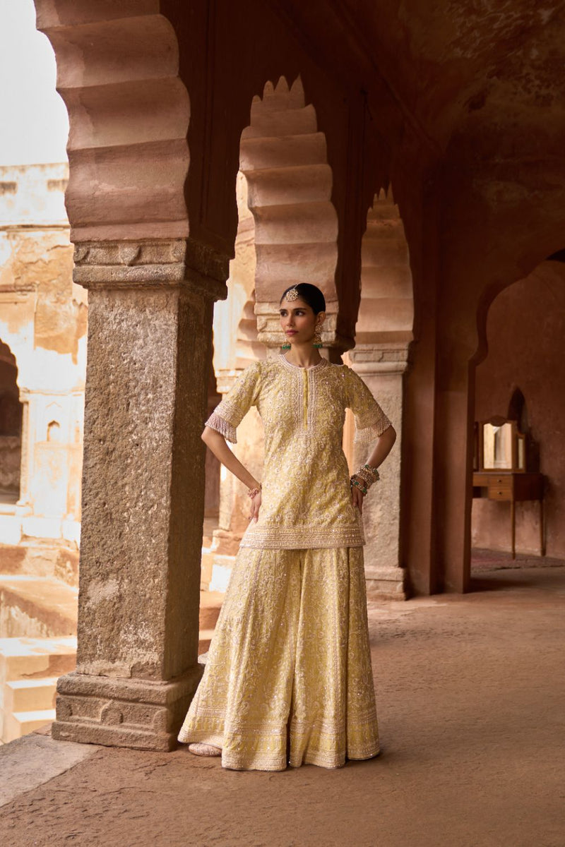 HEER - LEMON YELLOW SHORT KURTA WITH SHARARA AND DUPATTA silk organza kurta/kurta set by SHEETAL BATRA in lemon yellow for women in Singapore