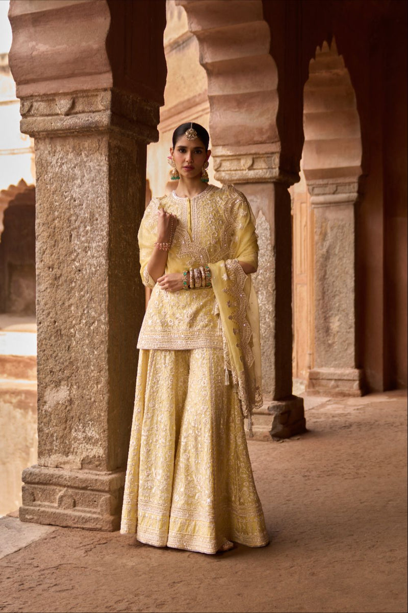 HEER - LEMON YELLOW SHORT KURTA WITH SHARARA AND DUPATTA silk organza kurta/kurta set by SHEETAL BATRA in lemon yellow for women in Singapore