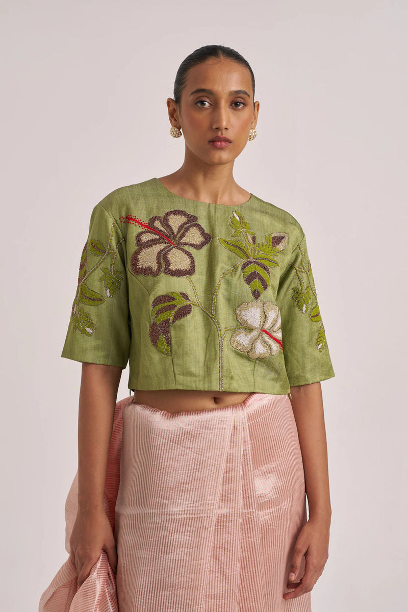 Hibiscus Blouse-Green tissue by Suparna Som in red for women in Singapore
