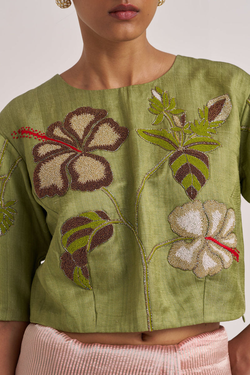 Hibiscus Blouse-Green tissue by Suparna Som in red for women in Singapore
