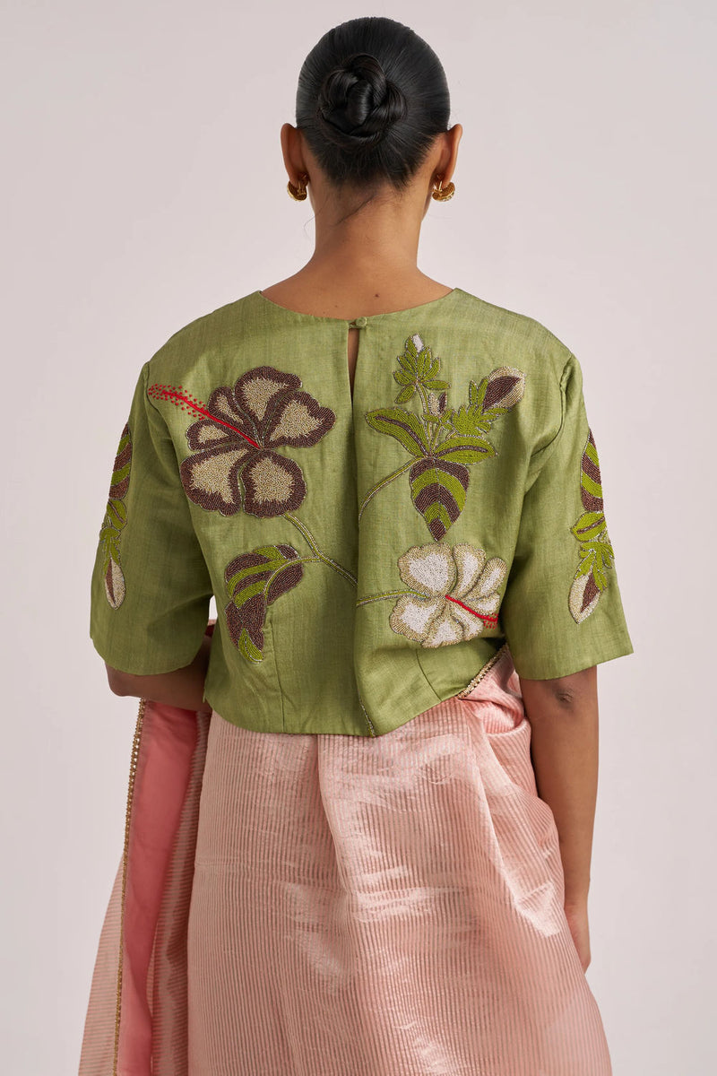 Hibiscus Blouse-Green tissue by Suparna Som in red for women in Singapore