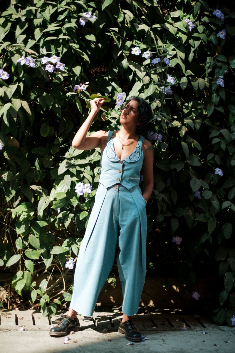 Handloom Denim Koti Waistcoat by JodiLife for women in Singapore