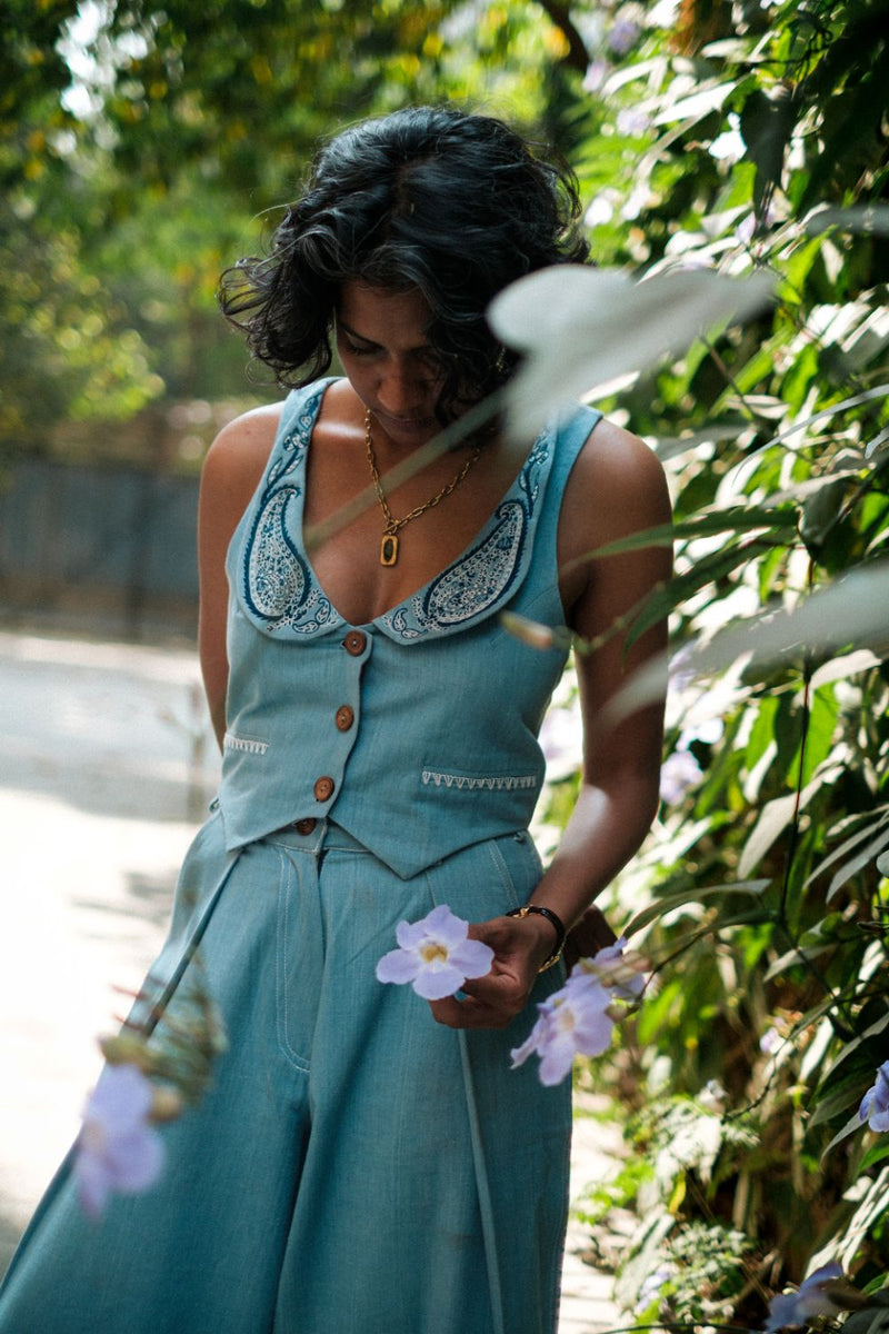 Handloom Denim Koti Waistcoat by JodiLife for women in Singapore