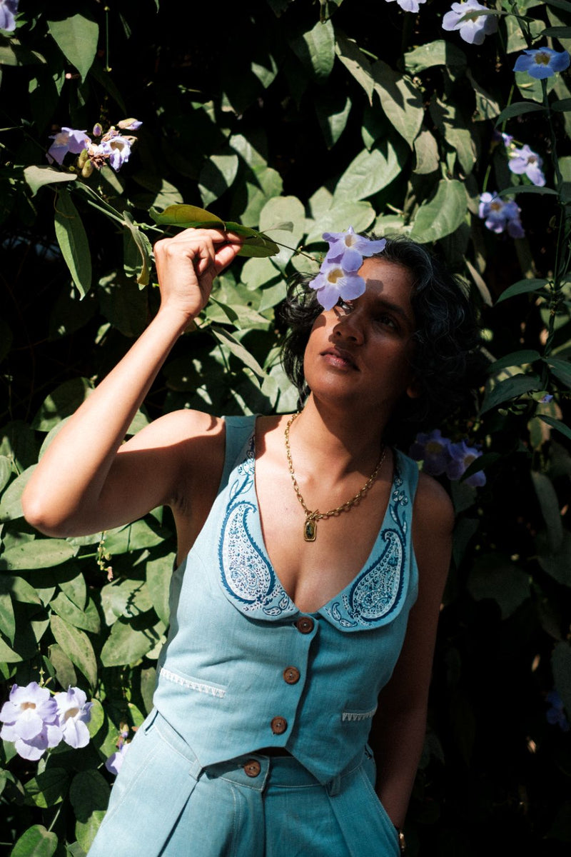 Handloom Denim Koti Waistcoat by JodiLife for women in Singapore