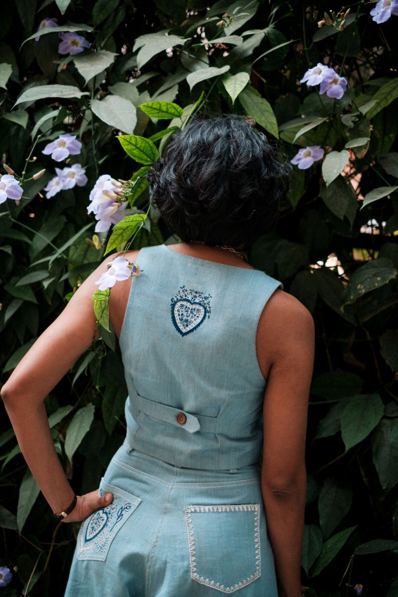 Handloom Denim Koti Waistcoat by JodiLife for women in Singapore