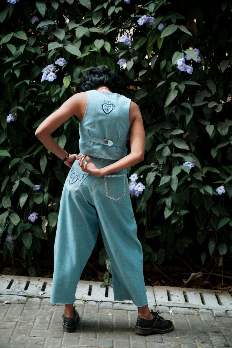 Handloom Denim Koti Waistcoat by JodiLife for women in Singapore