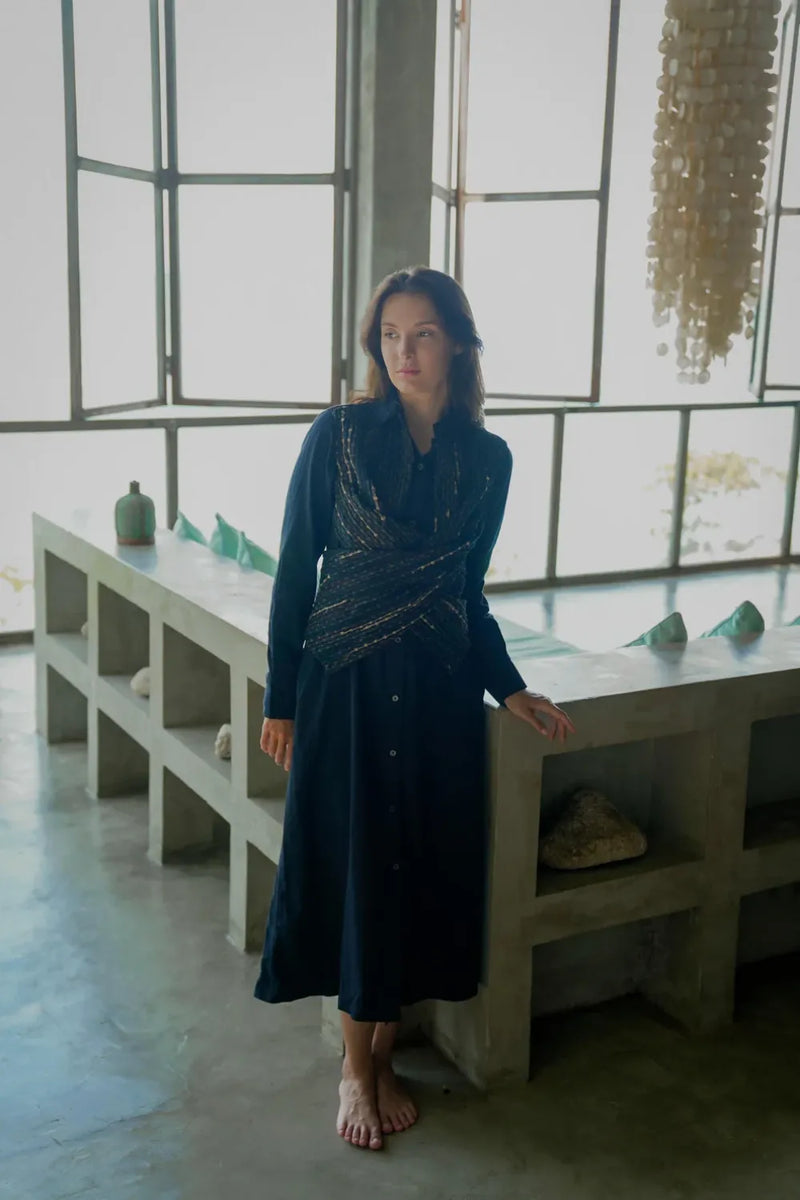 Handwoven Seattle Wrap Long Dress - Black Green cotton by The Terra Tribe for women in Singapore