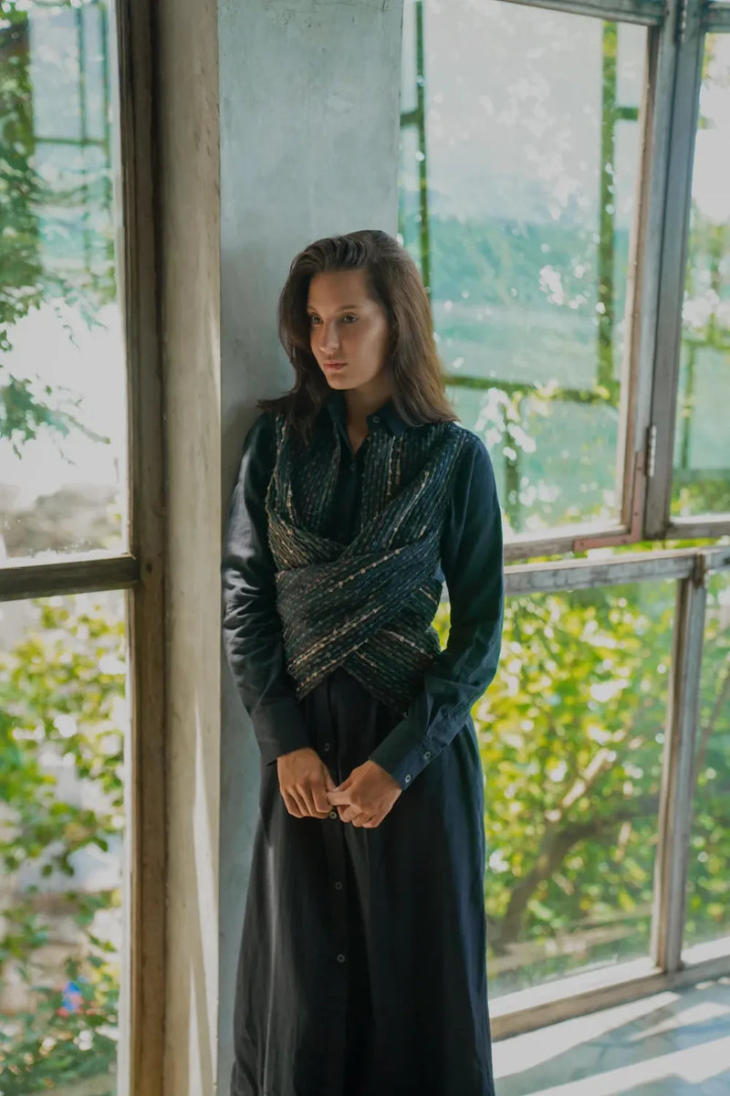 Handwoven Seattle Wrap Long Dress - Black Green cotton by The Terra Tribe for women in Singapore