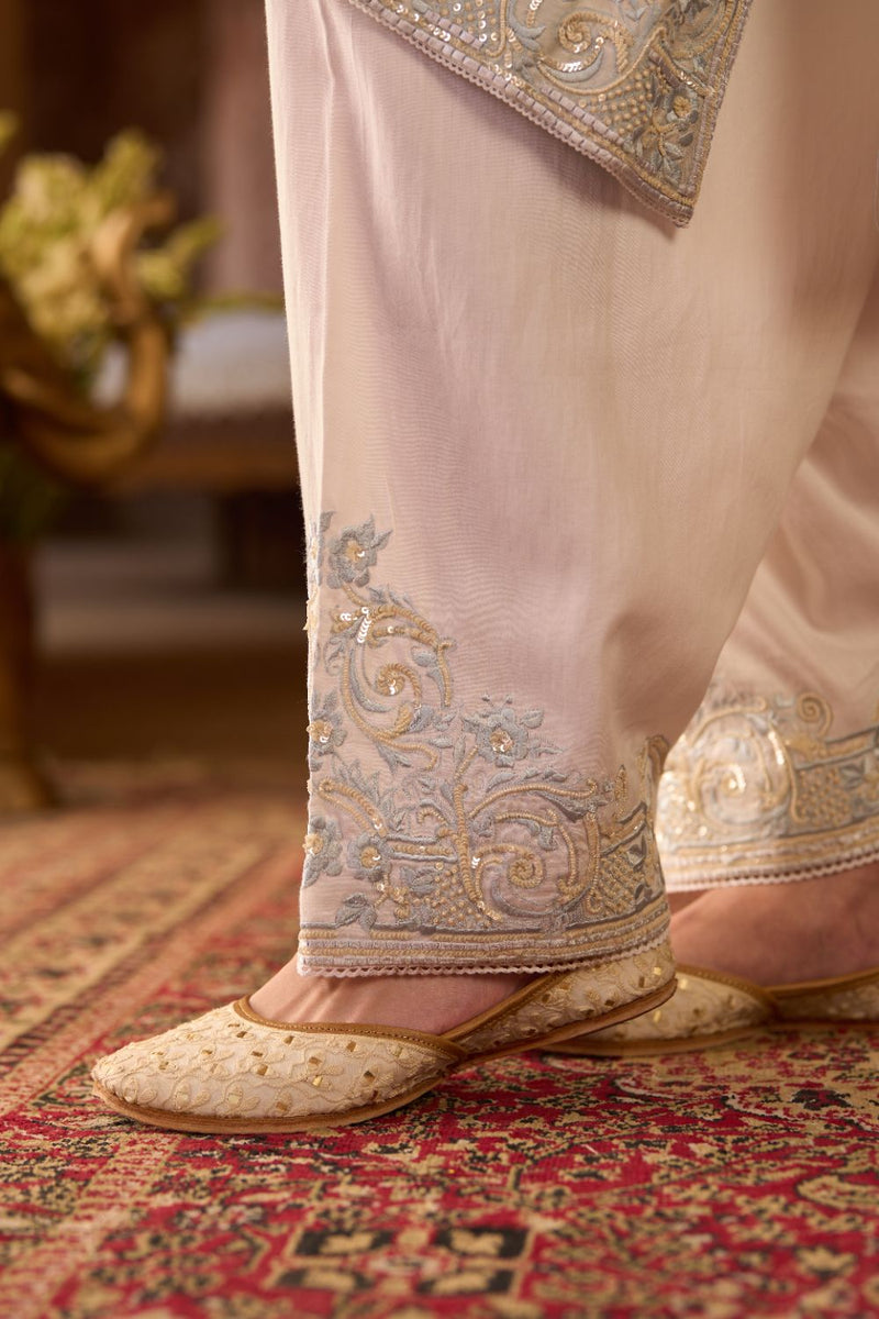 HANI - DAISY IVORY WITH BLUE A-LINE KURTA WITH SALWAR AND DUPATTA silk organza kurta/kurta set by SHEETAL BATRA in daisy ivory with blue for women in Singapore