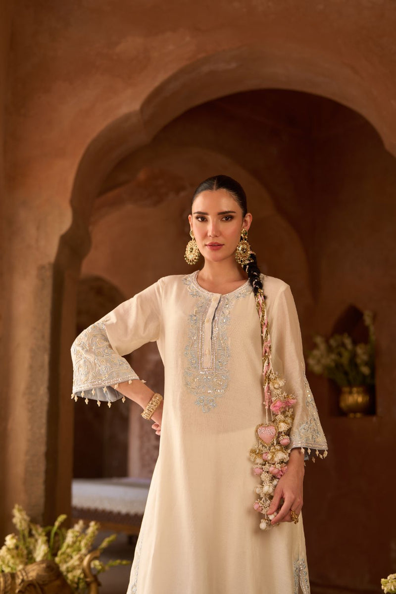 HANI - DAISY IVORY WITH BLUE A-LINE KURTA WITH SALWAR AND DUPATTA silk organza kurta/kurta set by SHEETAL BATRA in daisy ivory with blue for women in Singapore
