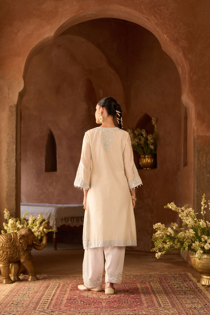 HANI - DAISY IVORY WITH BLUE A-LINE KURTA WITH SALWAR AND DUPATTA silk organza kurta/kurta set by SHEETAL BATRA in daisy ivory with blue for women in Singapore