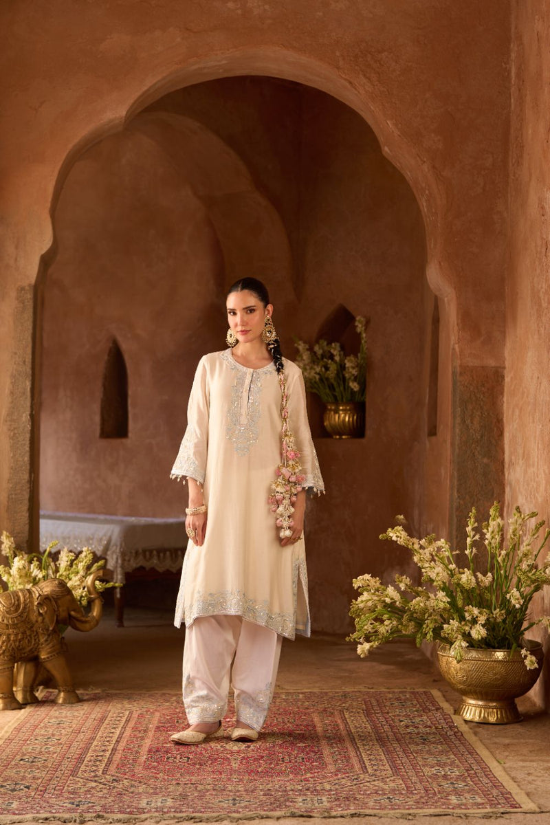 HANI - DAISY IVORY WITH BLUE A-LINE KURTA WITH SALWAR AND DUPATTA silk organza kurta/kurta set by SHEETAL BATRA in daisy ivory with blue for women in Singapore